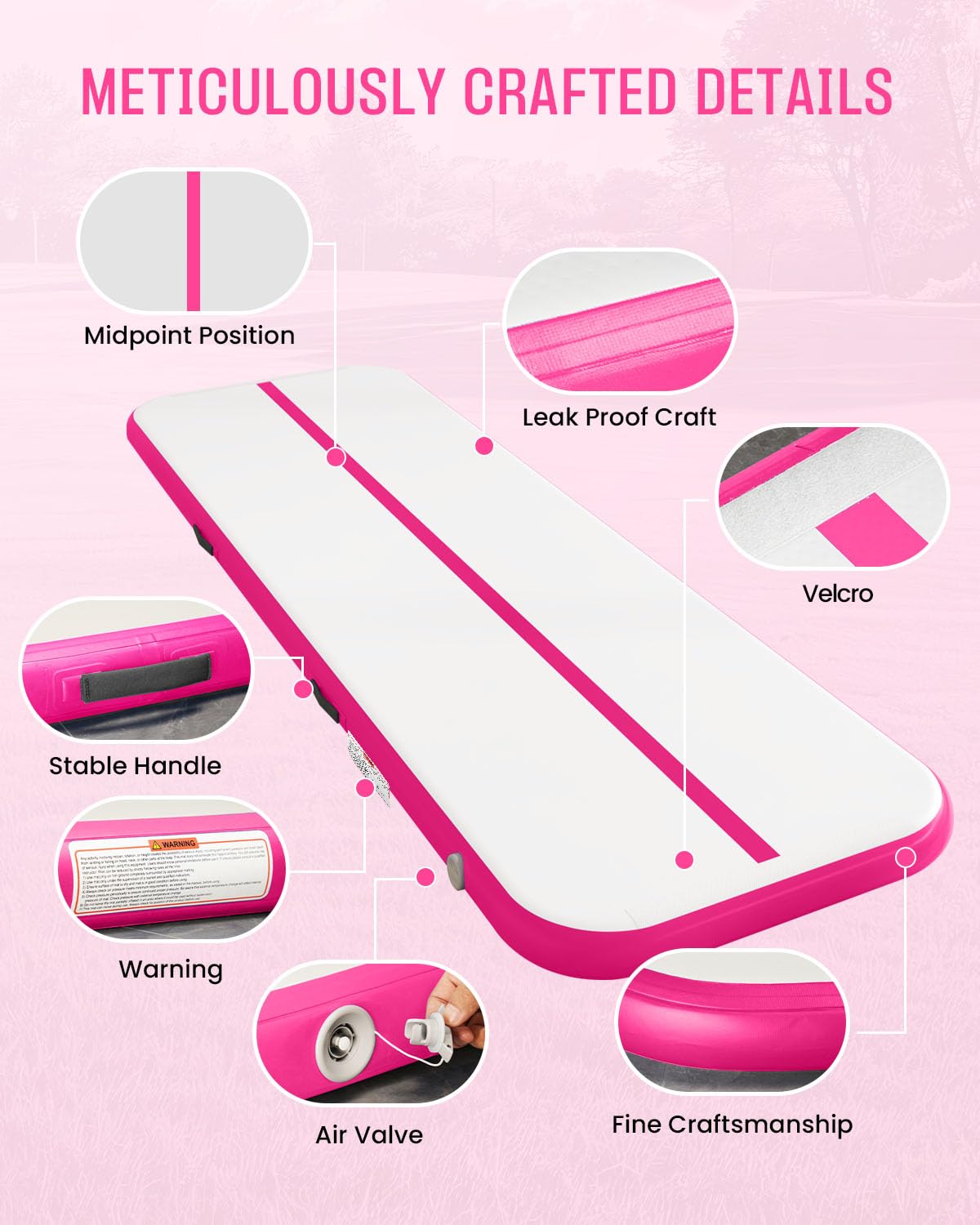 SWRORDAWN Inflatable Gymnastics Mat 13ft, 4 inches Thickness Gymnastic Mats with Electric Pump and Carry Bag for Kids Home Use Outdoor Training Yoga Cheerleading Gym Studio Backyard Park, Pink