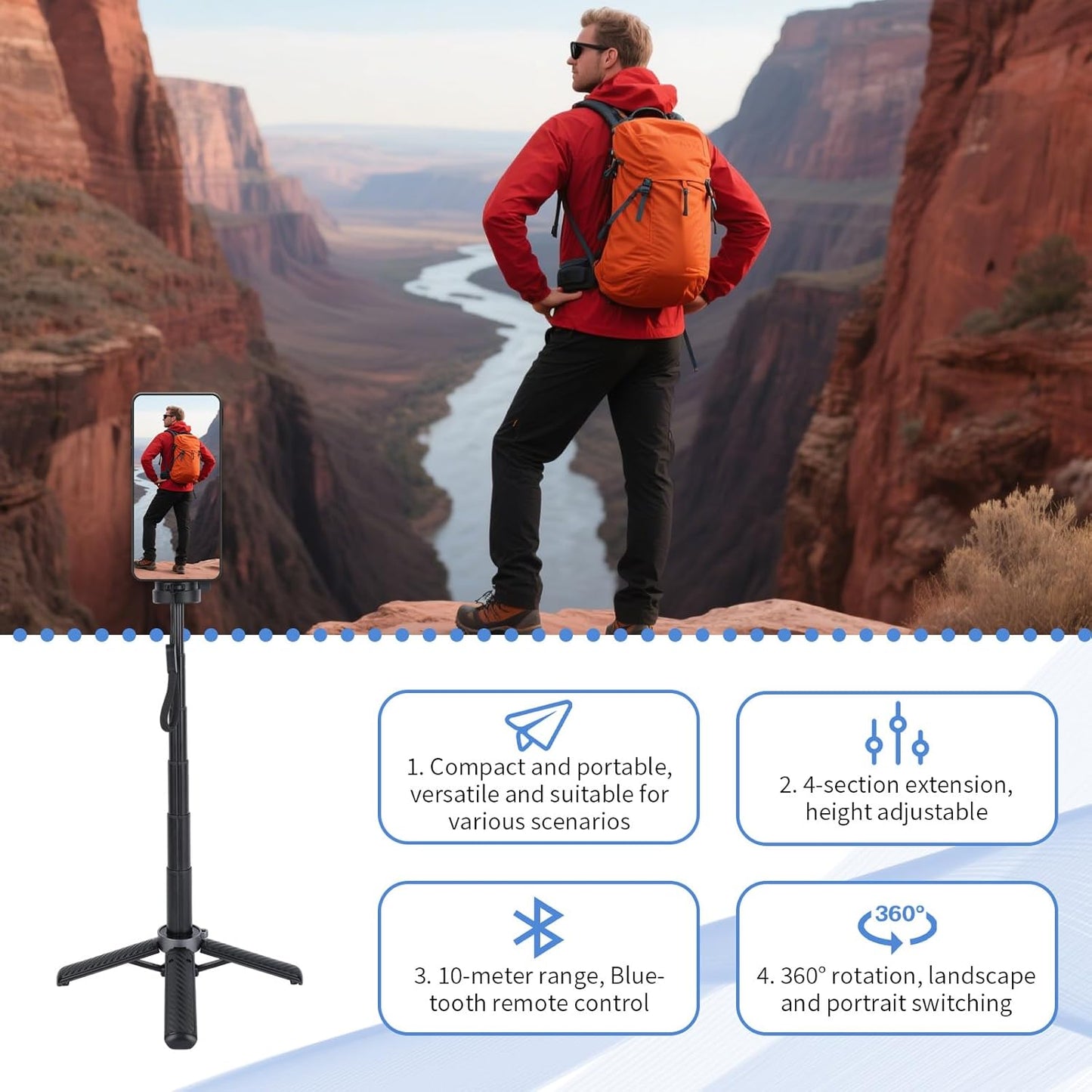 BTFO 360 Magnetic Mini Phone Selfie Stick, Rotation Pocket Tripod Extendable Cell Phone Travel Tripod Multifunctional