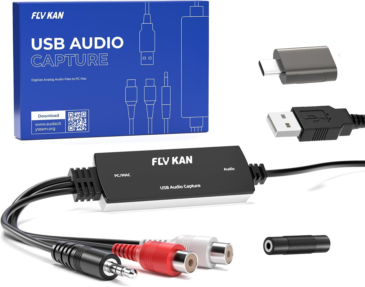 Fly Kan 2.0 RCA/3.5mm Vinyl/Cassette MP3 USB Audio Grabber with USB-C Adapter Analog to Digital Converter, Dual Inputs