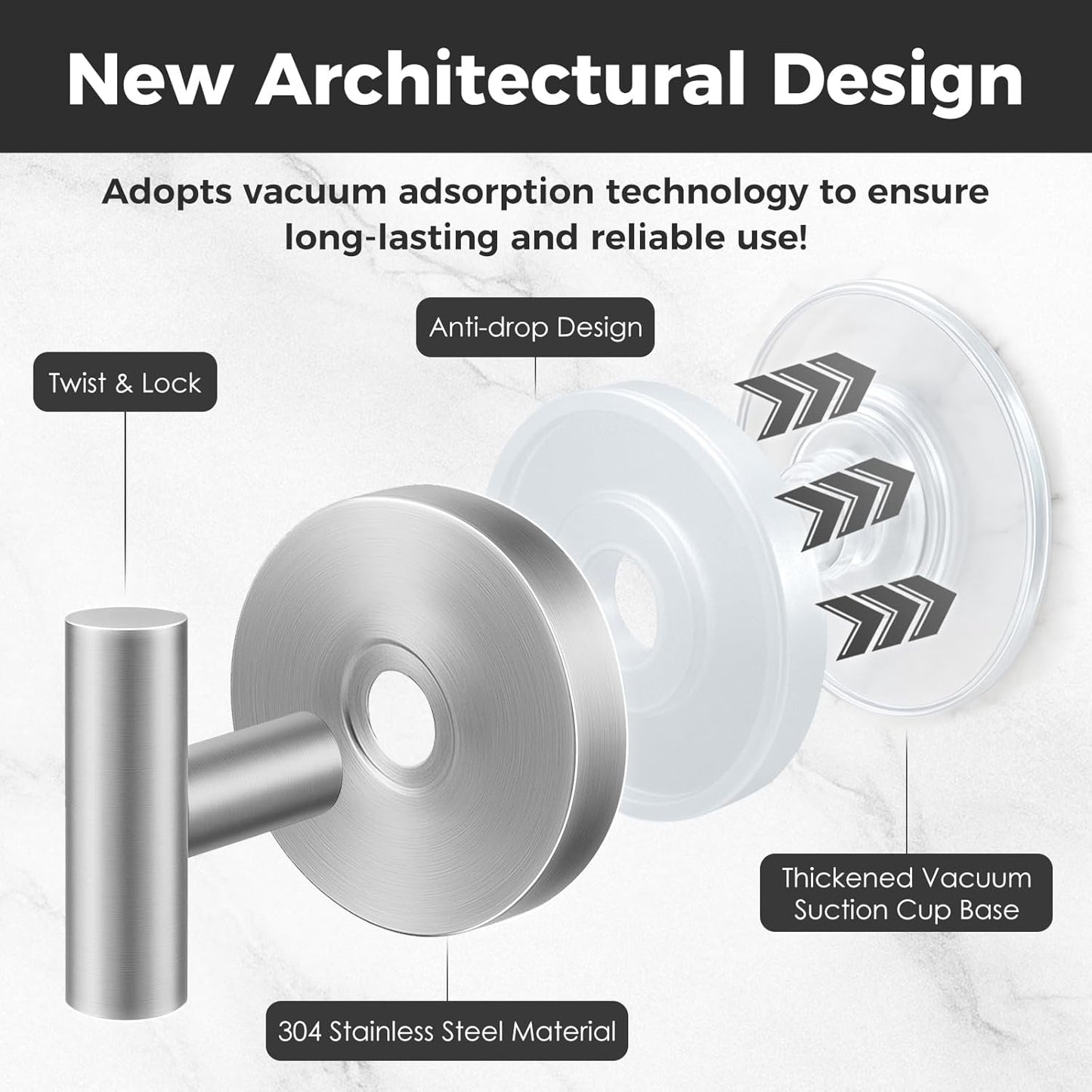 Skiennix Shower Hooks - Heavy-Duty No-Drill Suction Cup Towel Hooks for Bathroom | 4 Pack (Silver)