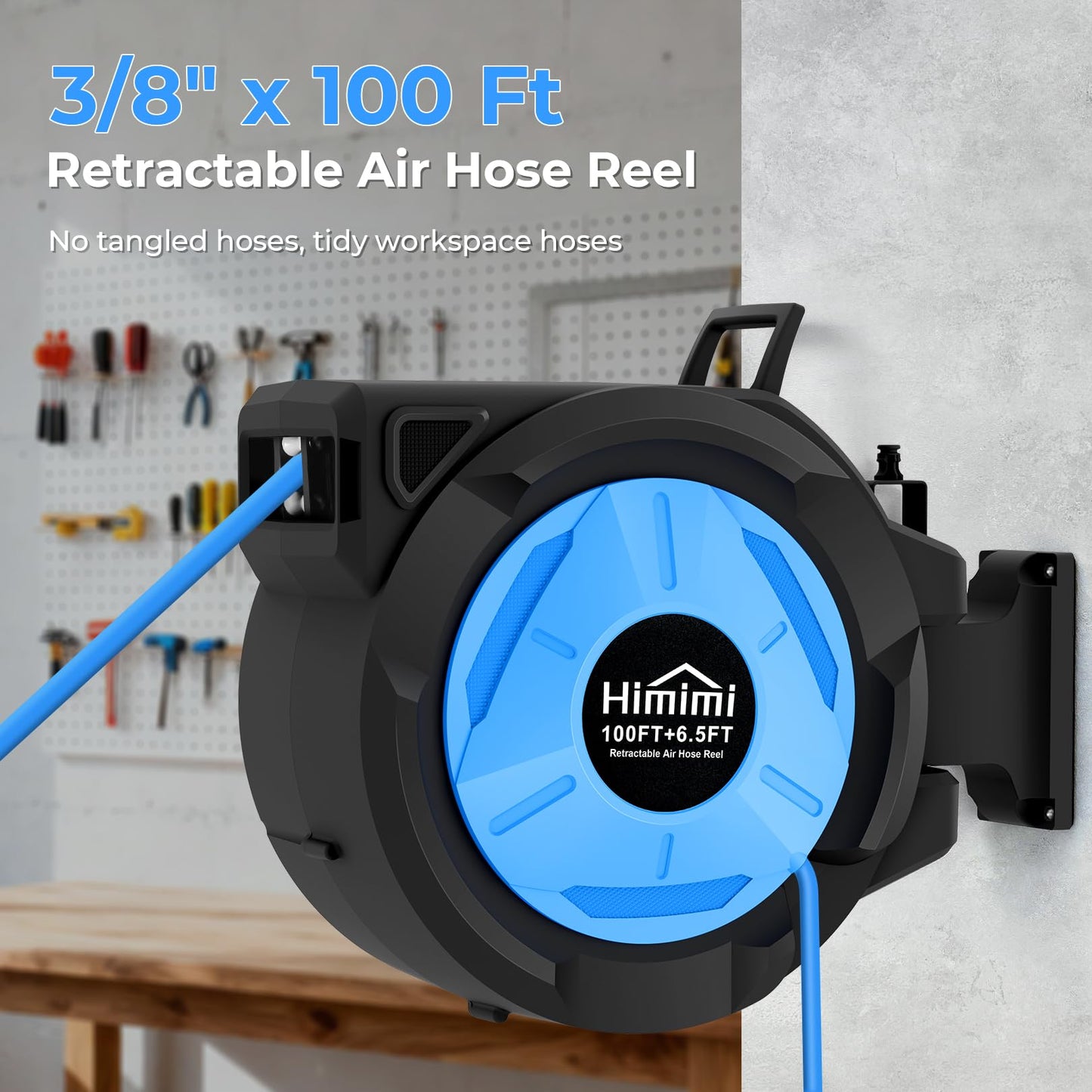 Retractable Air Hose Reel, 3/8" x 100 Ft Hybrid Hose Air Compressor Hose Reel with 6.5 Ft Lead-in Max 300 PSI, Air Hose with Any Length Lock, Automatic Rewind, 180° Swivel Bracket, Quick Coupler