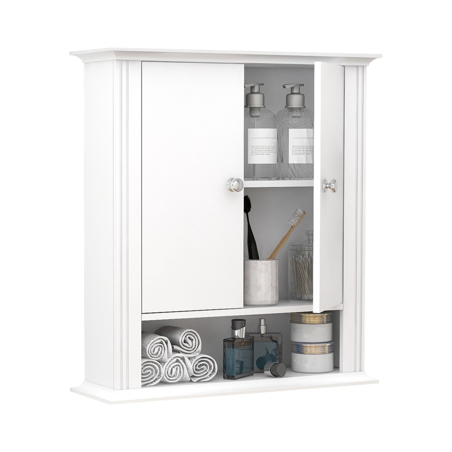 White Bathroom Wall Cabinet, Over the Toilet Storage Cabinet, Bathroom Cabinet Wall Mount, 2 Doors & Hooks, Medicine Cabinet Organizer, Hanging Wall Cabinet Cupboard for Kitchen Laundry Room White