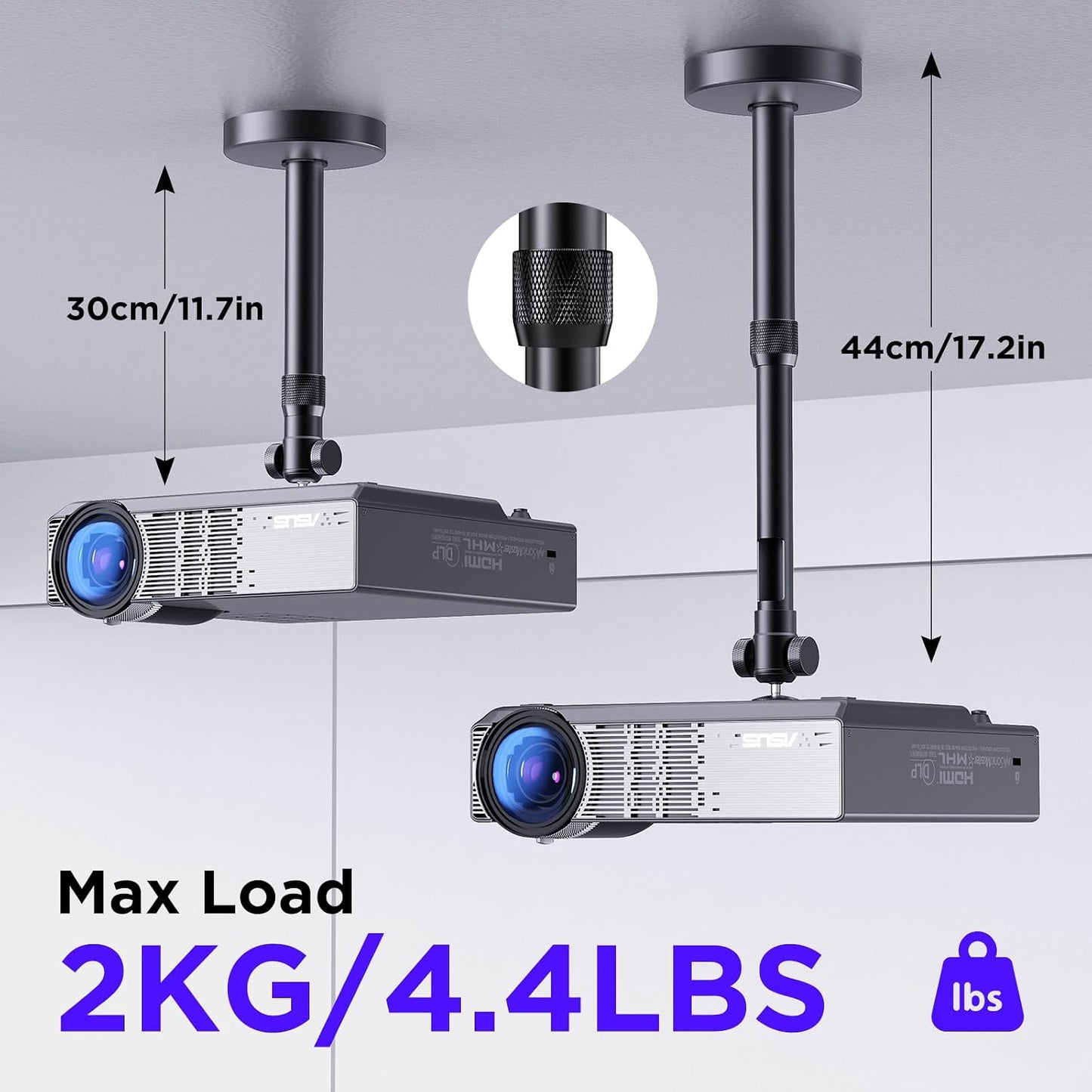 DAWASAPAT 360 90 9"-15" -Inch Ceiling Projector Mount Bracket Matte Black, Rotation & Tilt, Adjustable Length, Screw