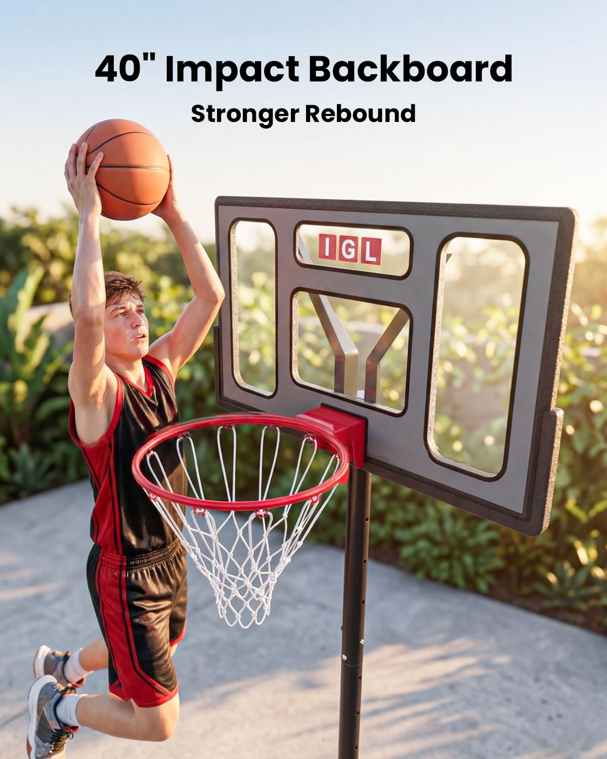 IGL Portable Basketball Hoop for Backyard, Driveway | 3-10ft Adjustable Height for Kids Teens & Adults | 40" Polycarbonate Backboard, Fillable Base for Stability & Easy Mobility on Wheels