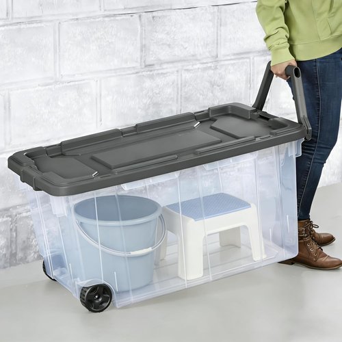 160 Quart Wheeled Storage Bins by [Brand Name] - Stackable Heavy-Duty Clear Totes with Secure Latch Lid & Reinforced Handle | Ideal for Garage & Closet (Clear/Gray)