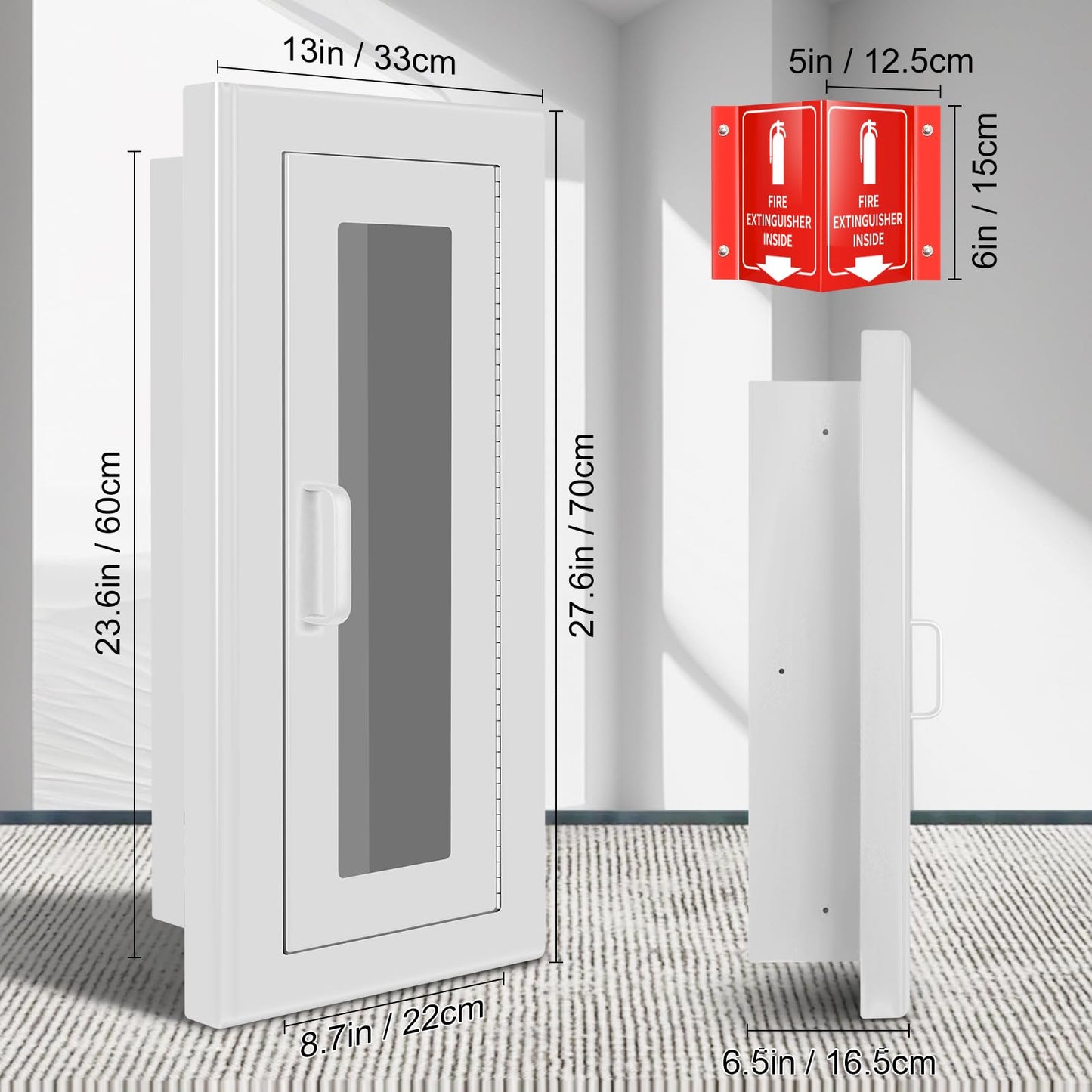 Tripolss Fire Extinguisher Recessed Wall Cabinet, Galvanization Steel Fire Extinguisher Box with Magnetic Door, Suitable for 10 Lb Fire Extinguishers, Equipped Acrylic High-Position Sign (White)
