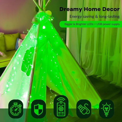 HXWEIYE 300LED Fairy Curtain Lights - 9.8x9.8Ft USB Plug-In with Remote | 8 Modes for Wedding & Bedroom Decor, Green