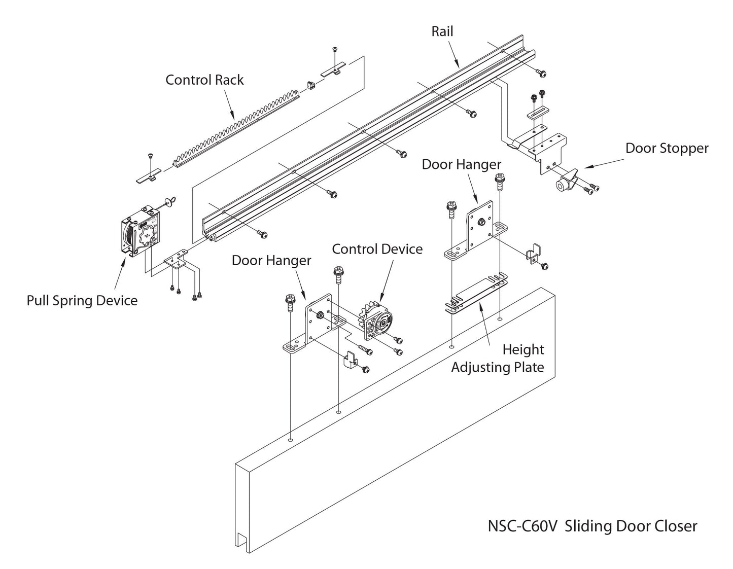 NSC-C60V-22 Sliding Door Closer for Barn Door (Medium-Heavy Duty Model Up to 132lbs), Self Closing, Complete System With 86" Rail