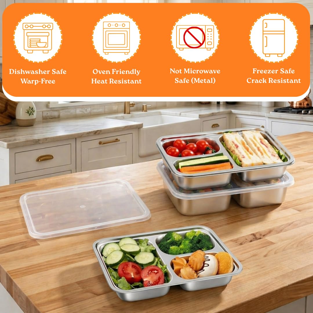 KUNSIMA 2 Pack Snack Containers for Kids, Stainless Steel Toddler Plates with Lids, 3 Compartment Food Container, Baby Plates, Stainless Steel Lunch Box for Kids, Bento Box Meal Prep Containers