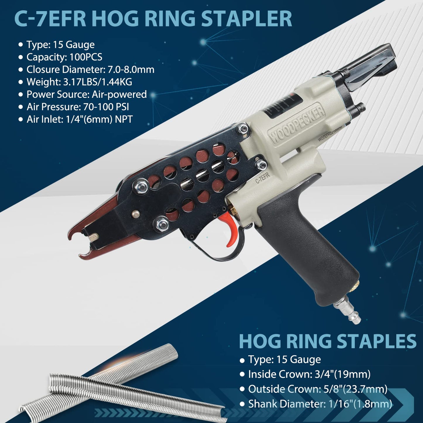 Woodpecker #C-7EFR 15 Gauge Pneumatic Hog Ring Staple Gun, New Adjustable Speed Generation 3/4-Inch Inner Crown Air Power C Ring Stapler, 4.8-8.0mm Closure Diameter Hog Ring Plier for Spring Mattress
