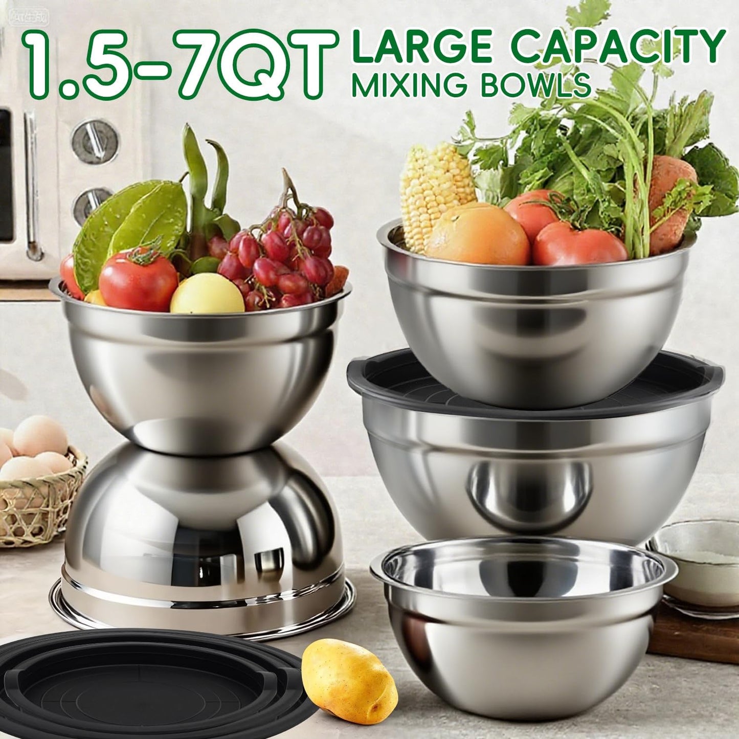 WEPSEN Mixing Bowls Set - 25PCS Stainless Steel Bowls with Lids | Large Nesting Sizes 1.5QT to 7QT