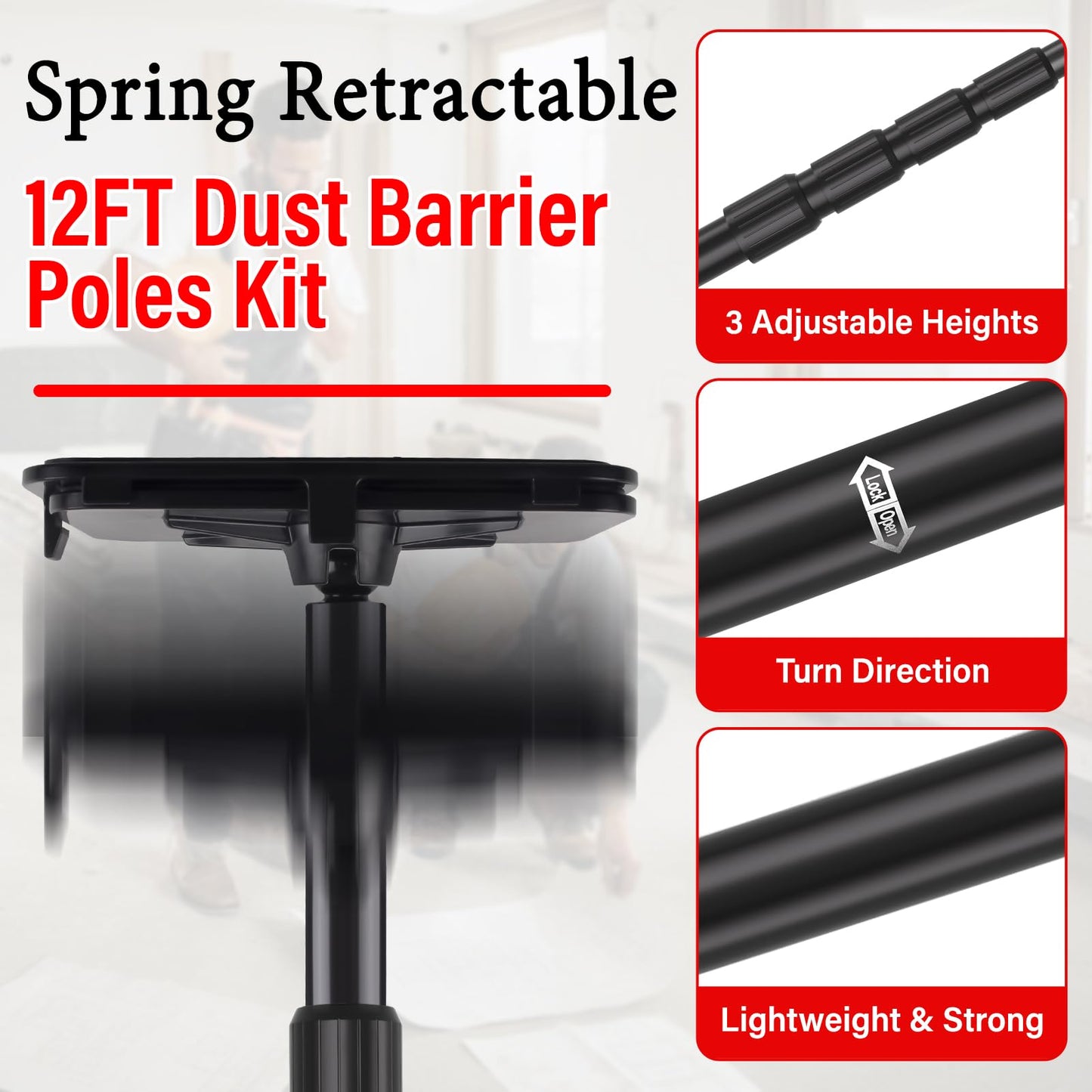 12FT Dust Barrier Poles Kit,Spring Retractable Zipper Wall Poles for Dust Barriers System,Home & Construction,Spring Barrier Loaded Poles for Renovation & Construction Renovation(Exclusive Patent)