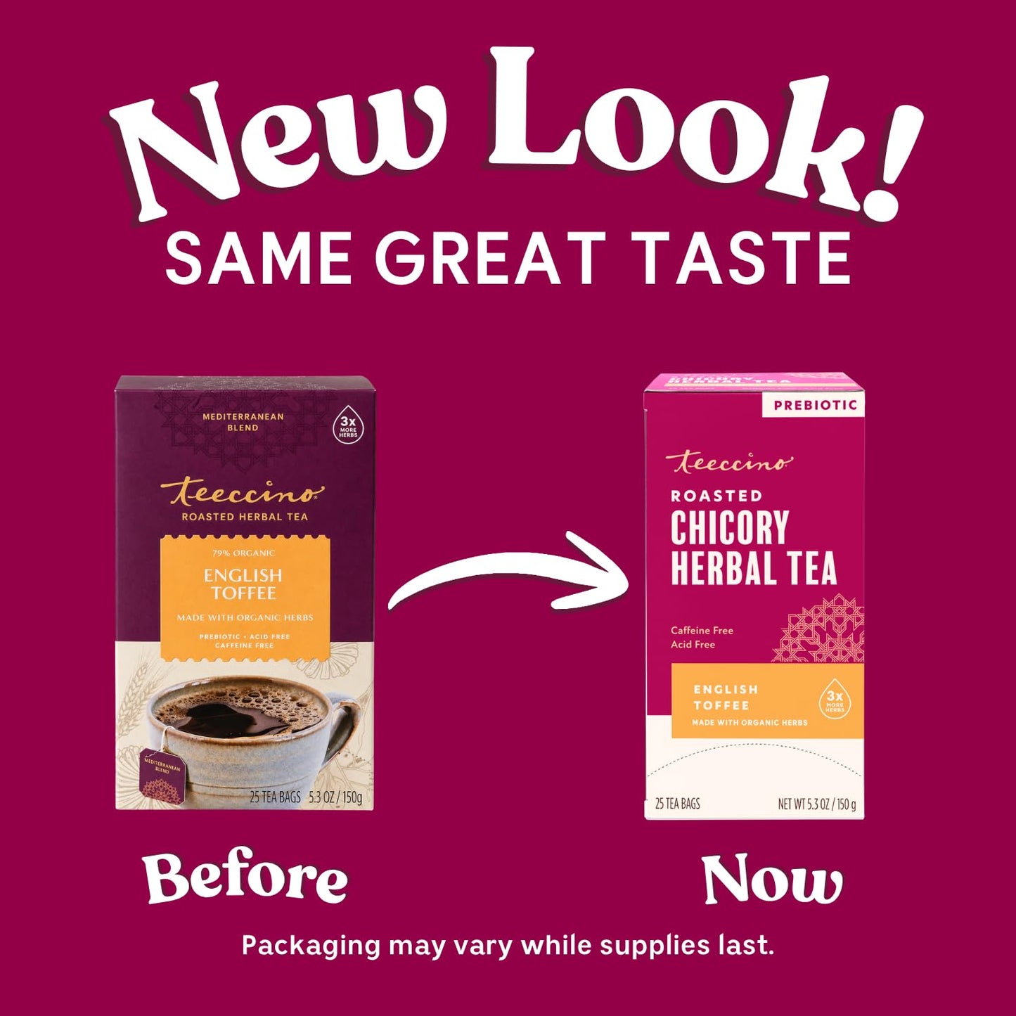 Teeccino English Toffee Herbal Tea - 25 Tea Bags - Rich & Roasted Herbal Tea That’s Caffeine Free & Prebiotic For Natural Energy & Good Digestion, 3 X More Herbs In Each Tea Bag