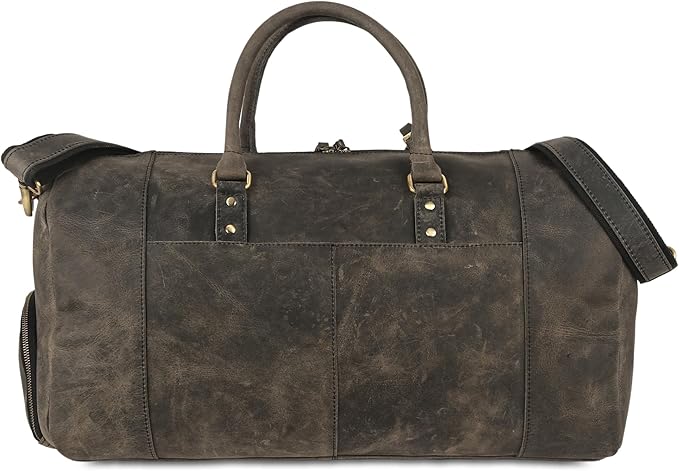 KomalC 24 Inch Leather Duffel Bags for Men and Women Full Grain Leather Travel Overnight Weekend Leather Bags Sports Gym Duffle for Men (Charcoal Black With Shoe Pocket)