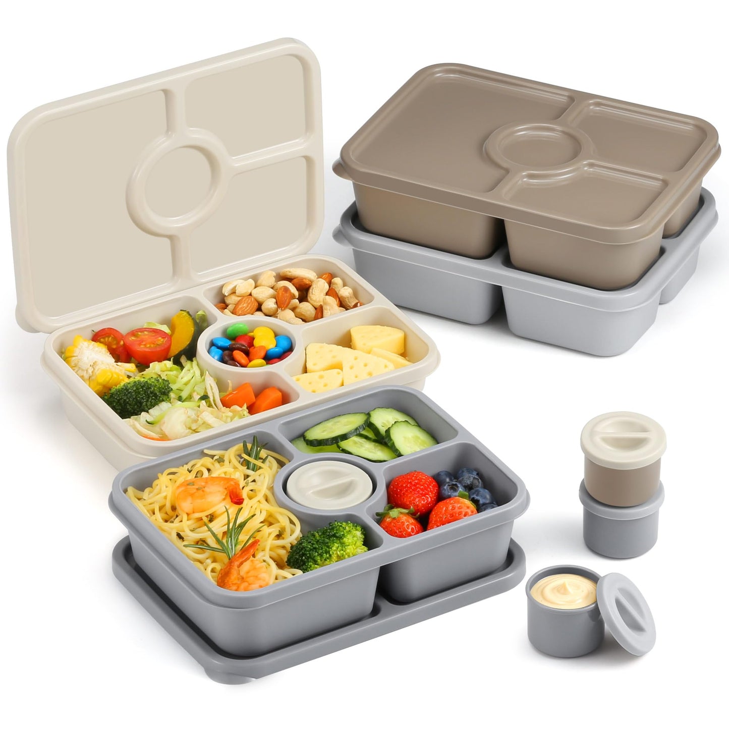 Bento Snack Box Containers, Reusable Meal Prep Lunch Containers for Adults Kids, Stackable Bento Snack Box 4 Pack, Divided Lunchable Food Storage Containers with Sauce Container, Modern Grey