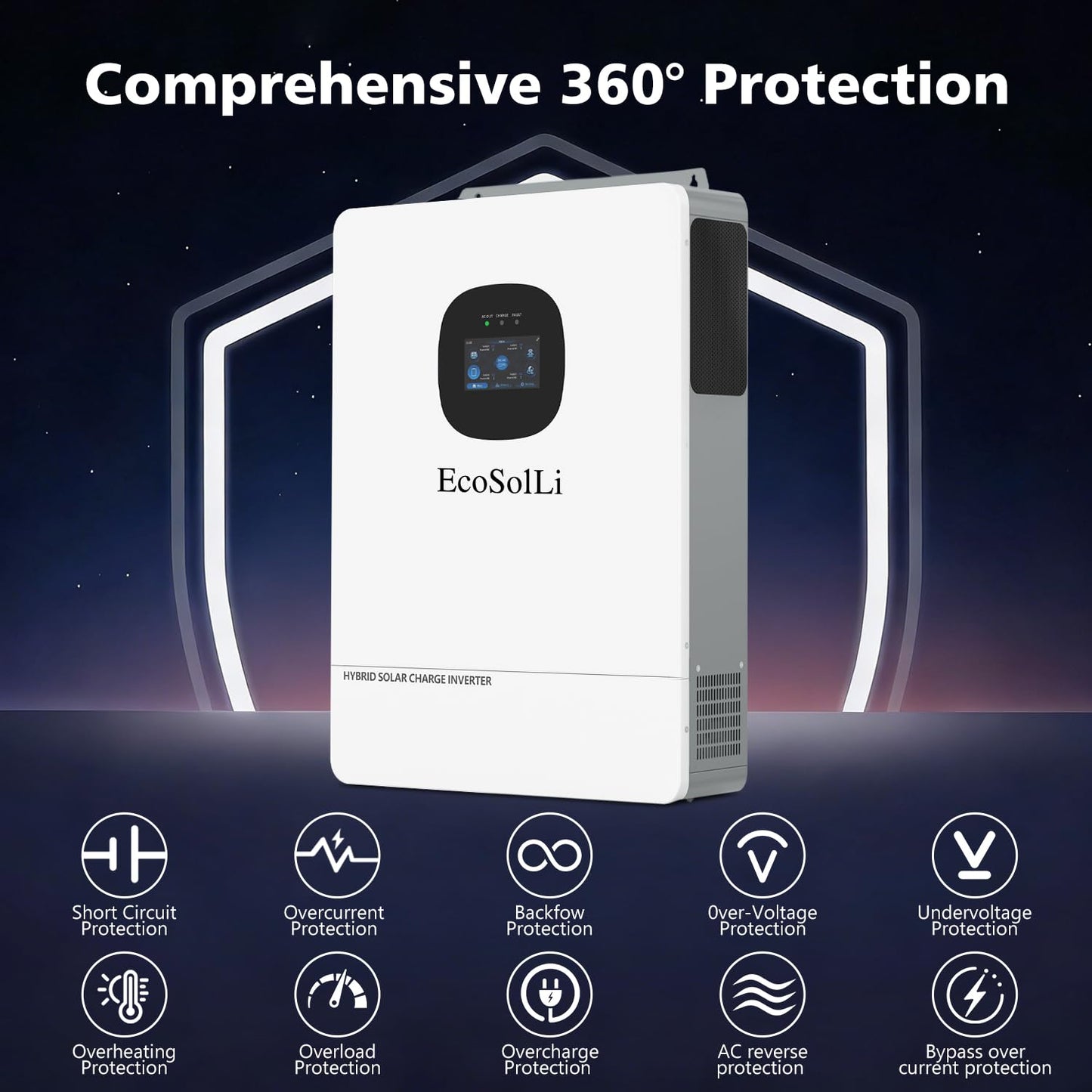 10000W Hybrid Solar Inverter，48V DC to 110V/240V(settable) AC Split Phase Solar Inverter,UL1741, Pure Sine Wave Inverter Built-in 2 MPPTs Max 220A Battery Max. 6 Parallel for Home, RVs, Lead Acid/Li
