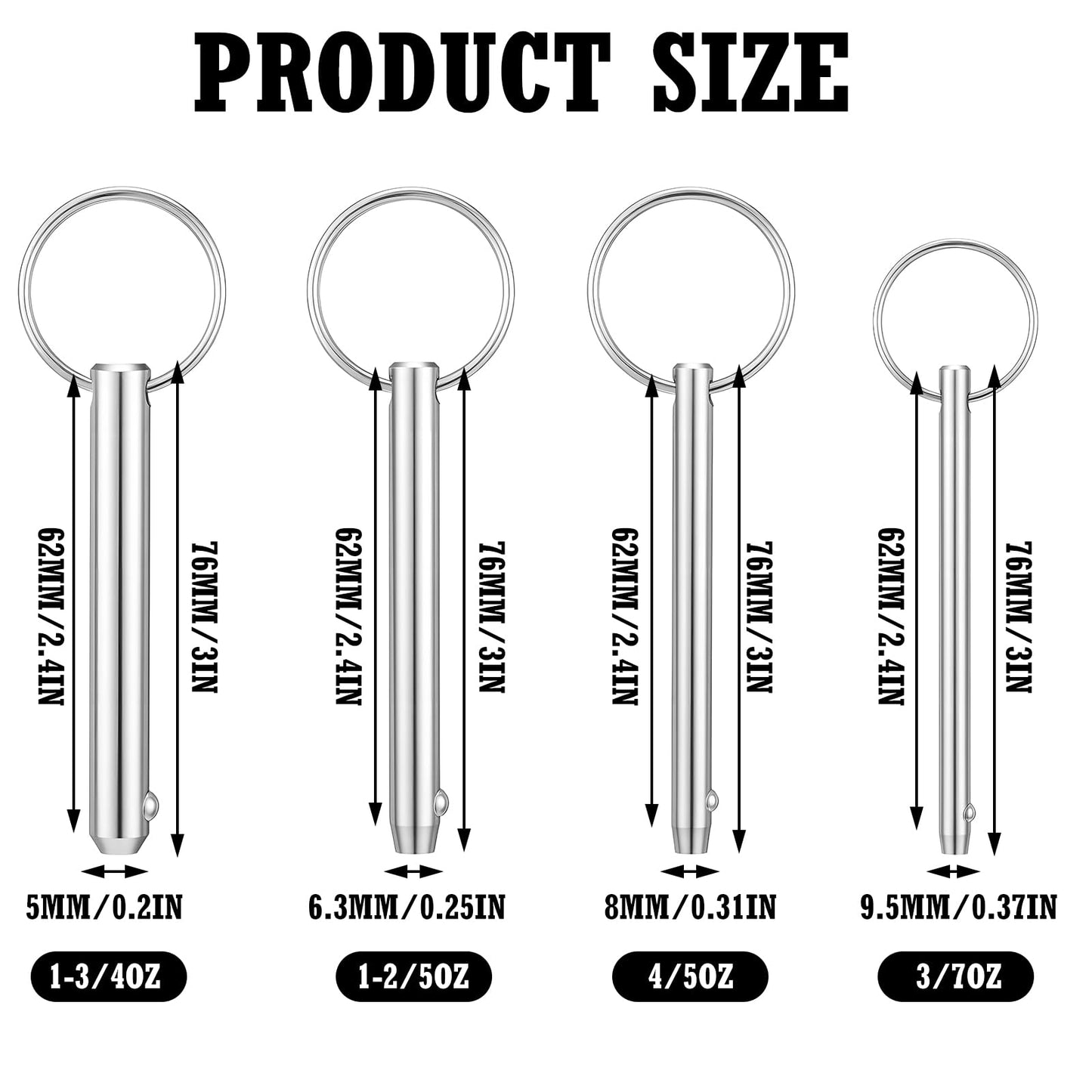 Soulchen 4 Pack Quick Release Pins, Diameter 3/8", 5/16", 1/4", 1/5", Bimini Top Pins, Full 316 Stainless Steel Marine Hardware for Ship Outfitting/Shipbuilding, Silver