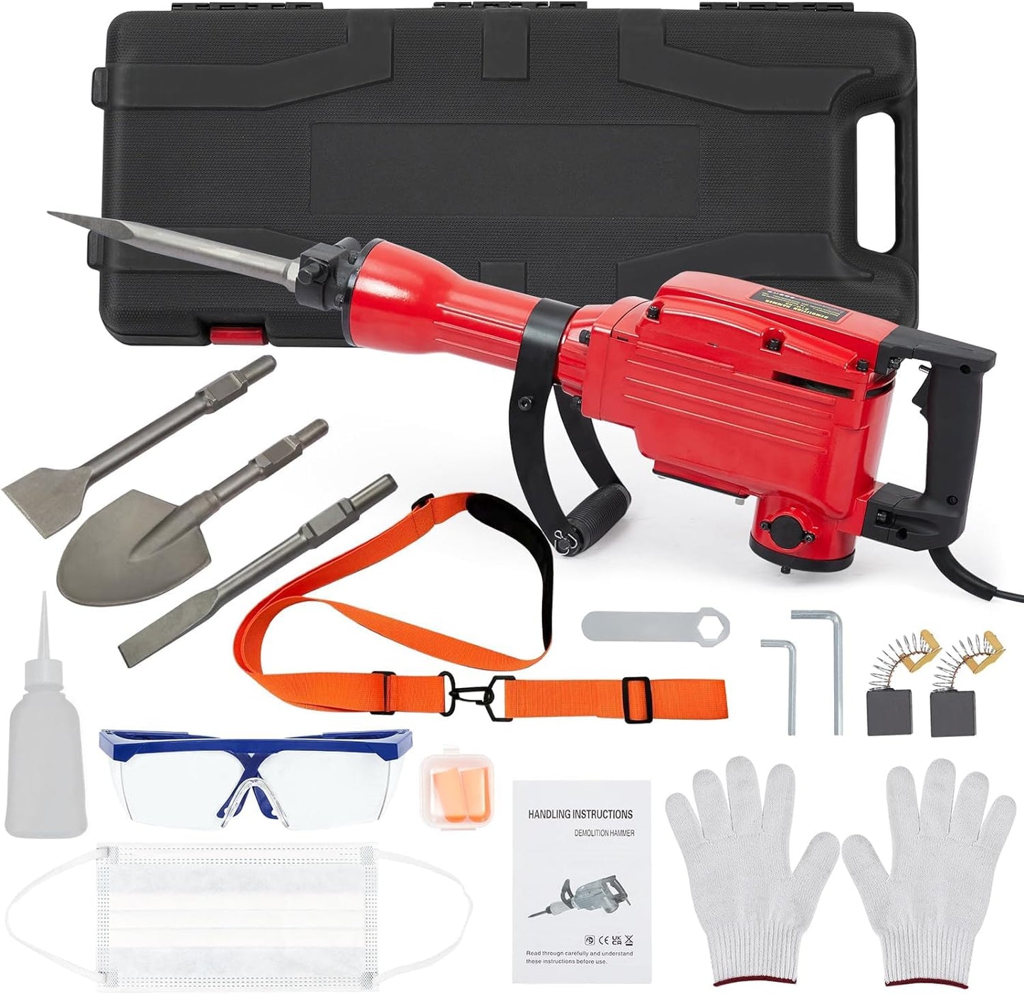 Demolition Jack Hammer 2200W 4PCS Chisels Bit Set W/Case, Demolition Jack Hammer Tool Kit, Noise-Canceling Earplug, Shoulder Strap