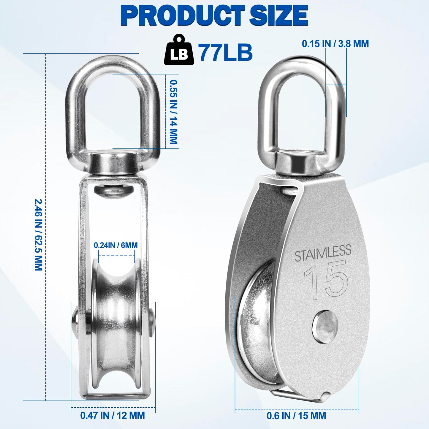 Cable Pulley Wheel Stainless Steel, 8 Pack M15 Single Pulley Snatch Block, Heavy Duty Lifting Crane Swivel Hook, Bearing Inside Rope Pulleys for Lifting System Gym Equipment Clothesline, 77 lbs Load
