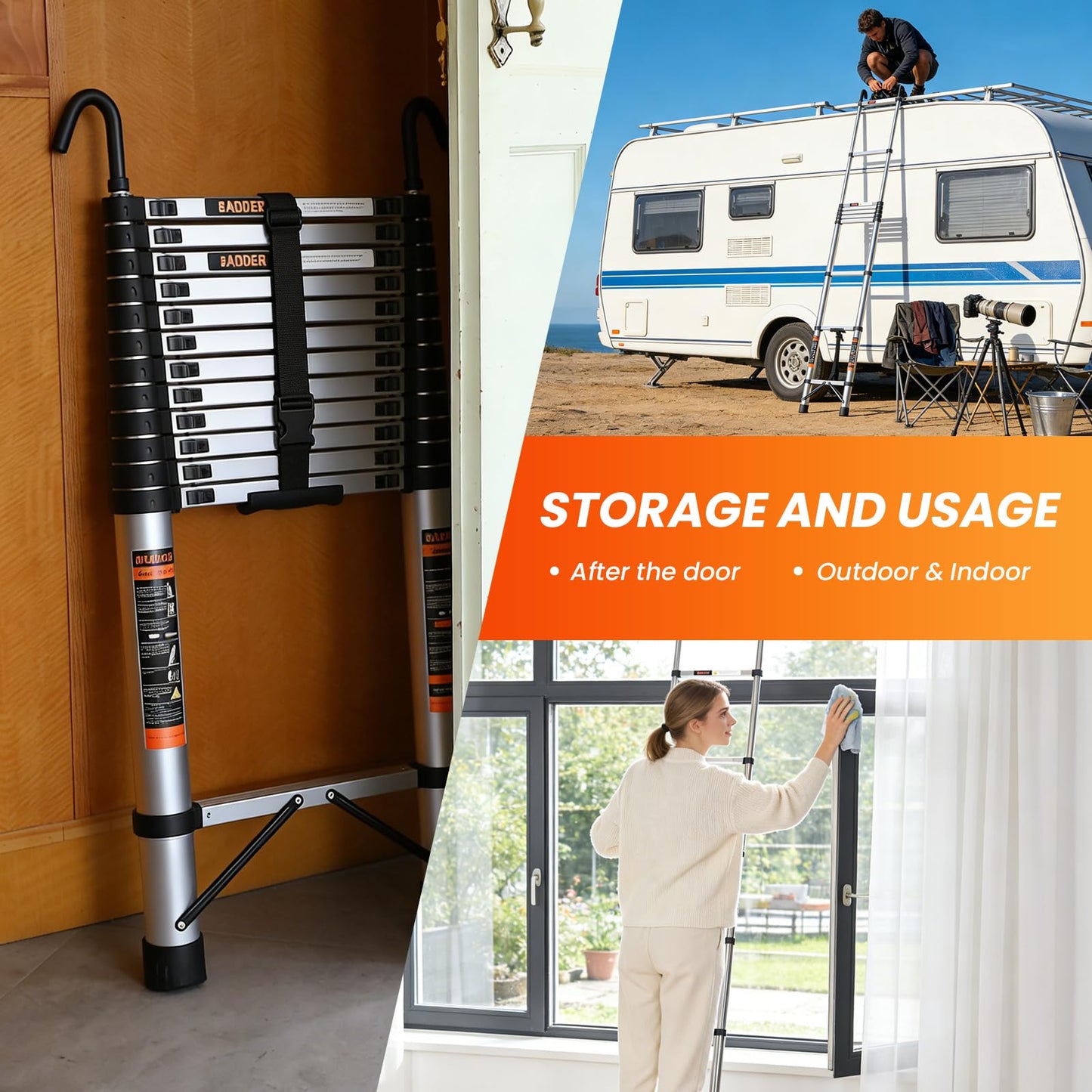 Telescoping Ladder, 16.5 FT Extension Ladder w/Hooks, Heavy Duty 330lbs Max Capacity, Collapsible Telescopic Ladder for Rv, Roof, Outdoor