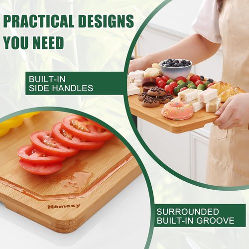 Homaxy Organic Bamboo Cutting Boards Set - 2 Wooden Boards with Juice Groove & Handles | Ideal for Meat, Fruits & Vegetables