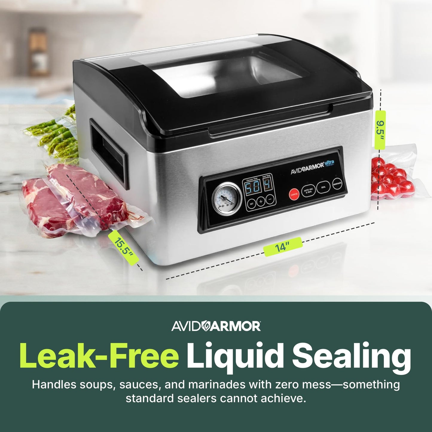 Avid Armor USV32 Chamber Vacuum Sealer Machine – 11.5" Sealing Bar, Glass Lid, Seal Meats, Soups, Sauces & Liquids, Marinate in Minutes, Sous Vide Ready, Accessory Hose Included, Stainless Steel