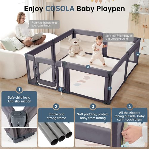 Large Baby Playpen - Adjustable 79x71 Inch Indoor & Outdoor Foldable Play Yard | Dark Grey Mesh Safety Fence