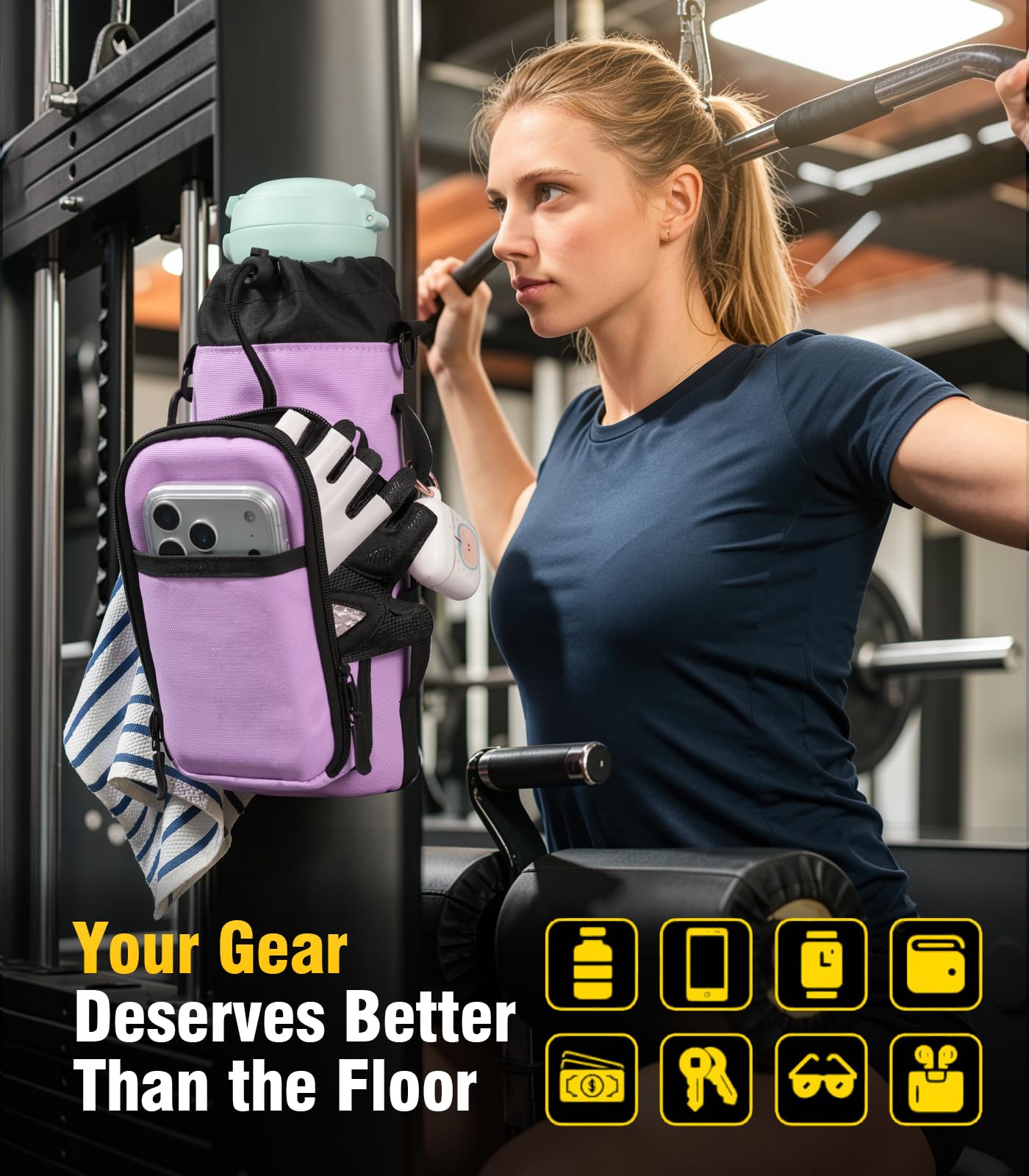 TiMOVO Magnetic Gym Bag, Water Bottle Holder with Strap & Phone Pockets, Built-in 5 Neodymium Magnets, Fits 18–40 oz Bottles, Gym Accessories for Sports, Travel, Workout, Lilac