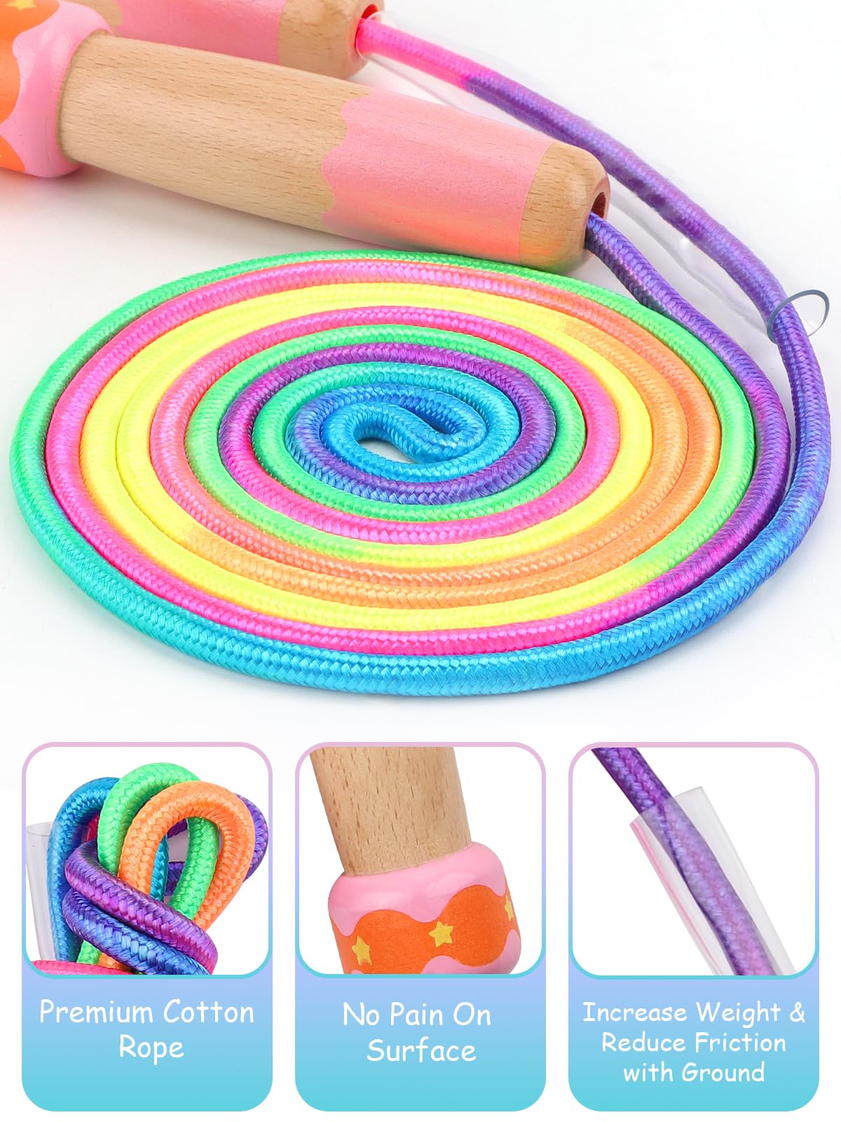 Jump Rope for Kids Adjustable, Lorvain Rainbow Skipping Rope, Kids Jump Ropes with Wooden Handle for Girls Boys, Weighted Jumping Ropes for Fitness Workout Exercise Outdoor Fun Activity（Pink)