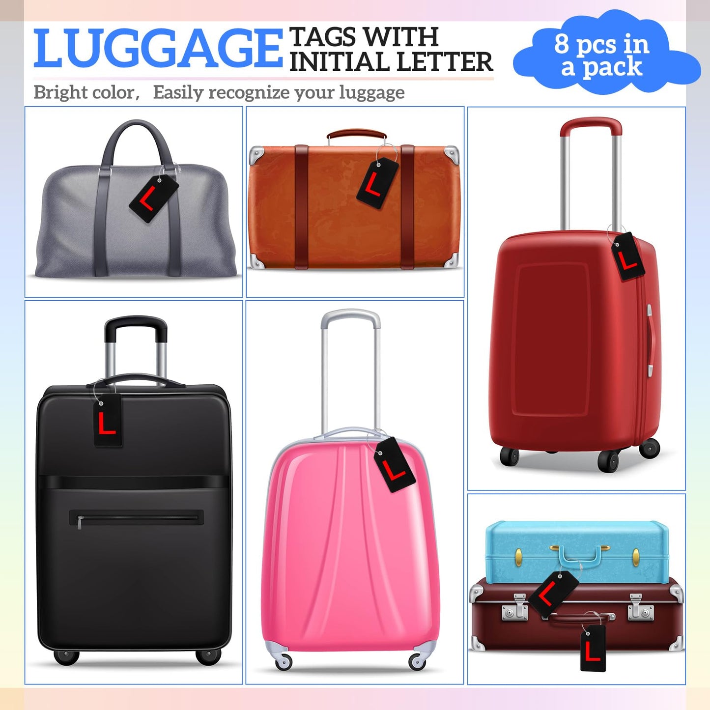 8 Pcs Initial Letter A-Z Luggage Tags Silicone Suitcase Instrument Tag with Name Card and Stainless Steel Loop(Letter L,Red, Black)
