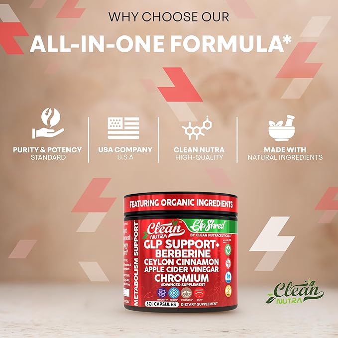 GLP1 Supplement Berberine Ceylon Cinnamon Apple Cider Vinegar Chromium Turmeric PCOS Supplements Immunity & Metabolism Support 60 Vegan Capsules by Clean Nutra