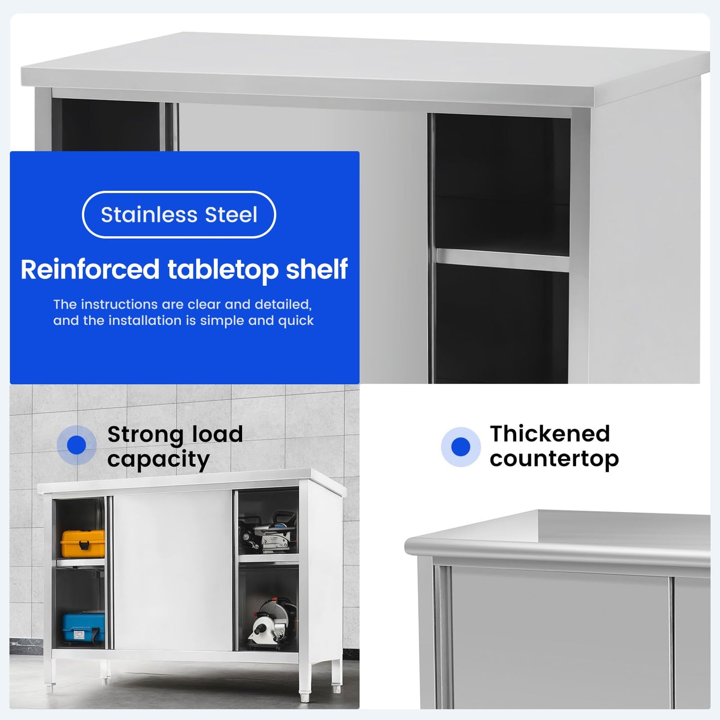 Hally Stainless Steel Cabinet, 24" x 60" NSF Commercial Heavy Duty Prep Workbench with Two Sliding Doors, Large Storage Cabinet, Metal Table for Kitchen, Restaurant, Garage