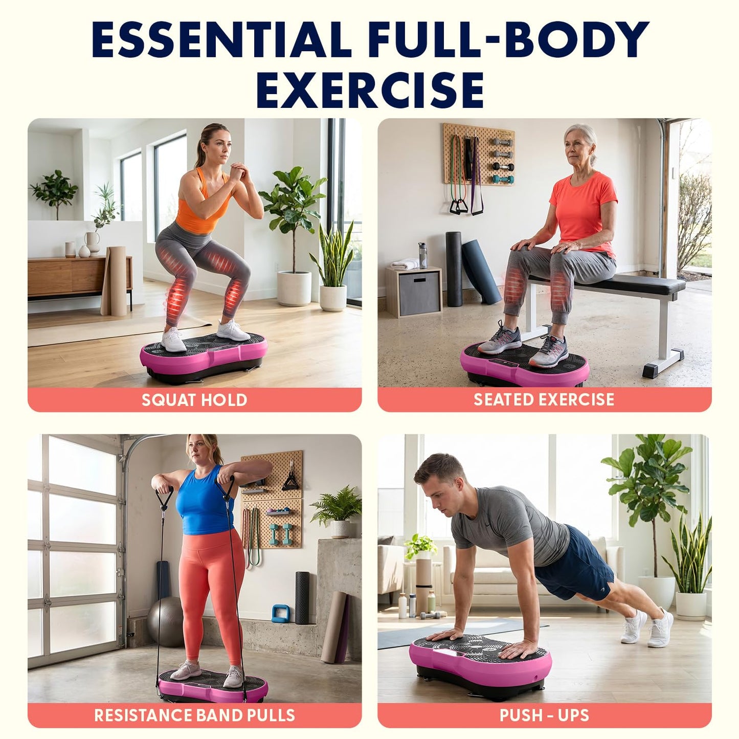 SQUATZ Vibration Plate Exercise Machine | Low-Impact Full Body Vibrator Plate with 99 Speed Levels & 9 Preset Programs | Resistance Bands & Remote Included | 265 lb Capacity | For Home & Office | Pink