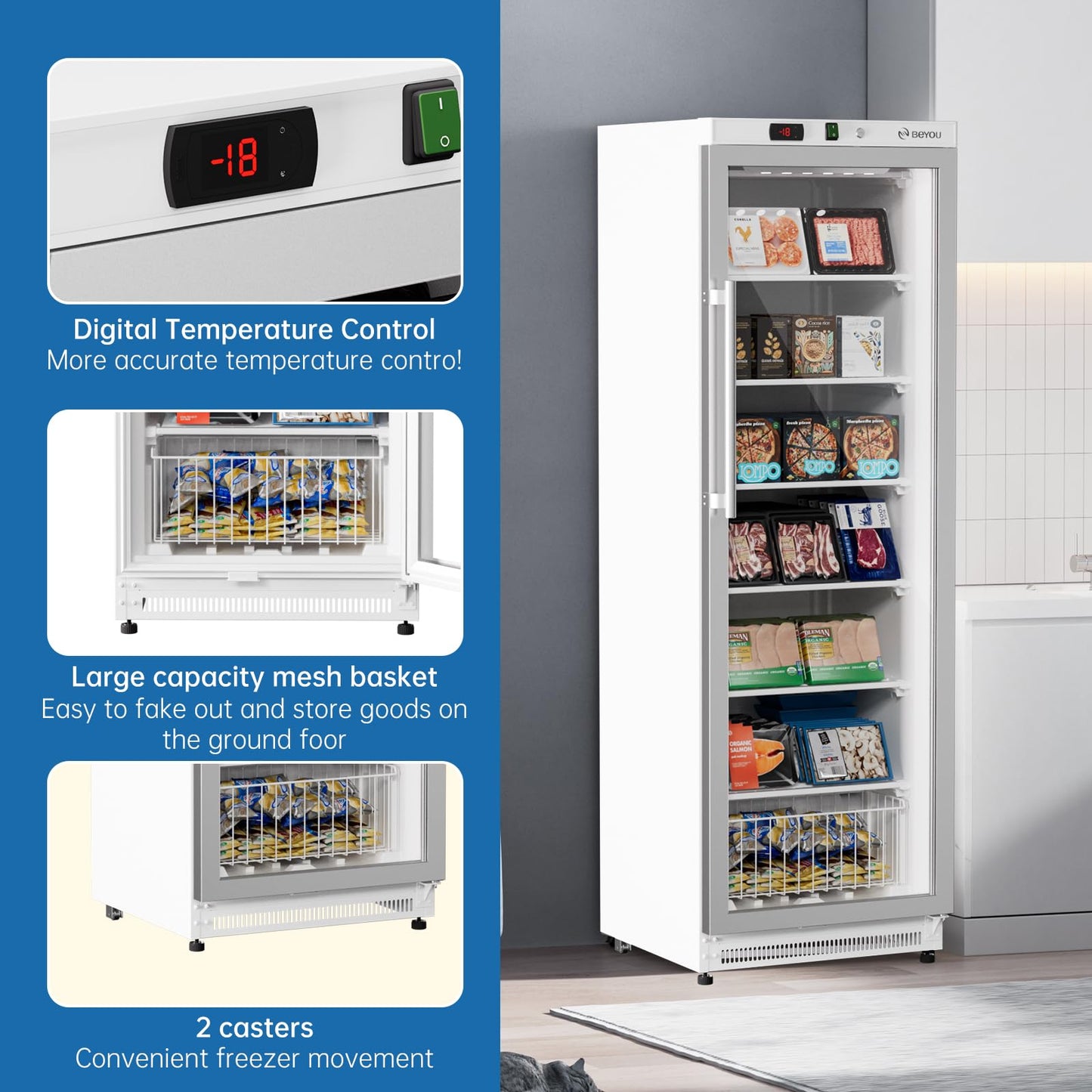 BEYOU Commercial Freezer Upright，10.7 Cu. ft. Reach-in Freezer with Single Glass Door