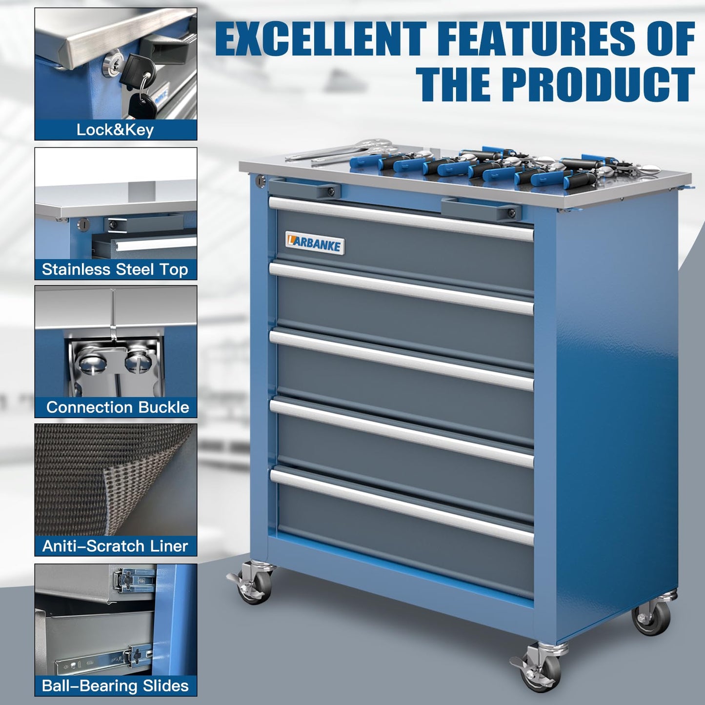 LARBANKE 5-Drawer Rolling Tool Chest with Stainless CounterTop,Tool Chest with Keyed Locking System, with Wheels and Foot Pads,Rolling Tool Cabinet with Drawer Liners,Unique Link Buckle for Connecting
