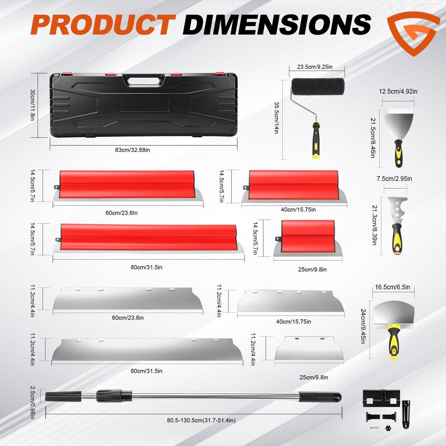 Drywall Skimming Blade Set with Portable Case, 10”+16”+24”+32” Skimming Blades, 9” Drywall Compound Rollers, 32-51inch Extension Handle Taping Knife Arc Scraper Tools for Drywall/Plaster/Wallboard