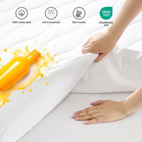 Cooling Breathable Queen Mattress Protector - Soft Quilted Cotton, Noiseless Fitted Cover, Fits Up to 22” (60x80, White)