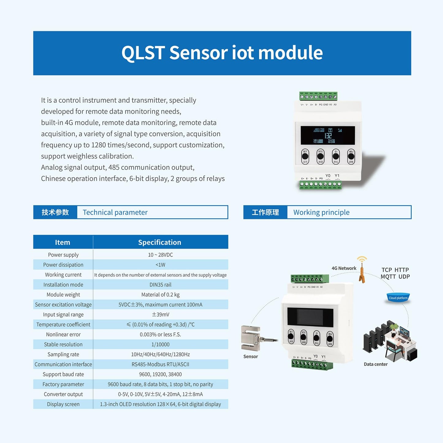 Load Cell with Amplifier Readout Display Sensor Transmitter Test Compression Force Weight Pressure Modifiable Display Unit Output RS-485 0-5V 0-10V 4-20mA (0-10kg Sensor + Amplifier)