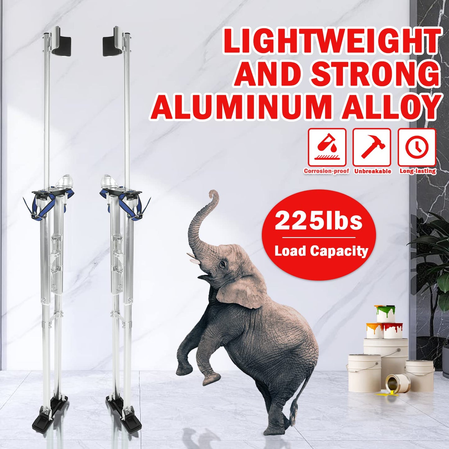 48 inch -64 inch Professional Grade Adjustable Drywall Stilts Taping Paint Stilt Aluminum Tool Stilt for Painting Painter Taping Silver