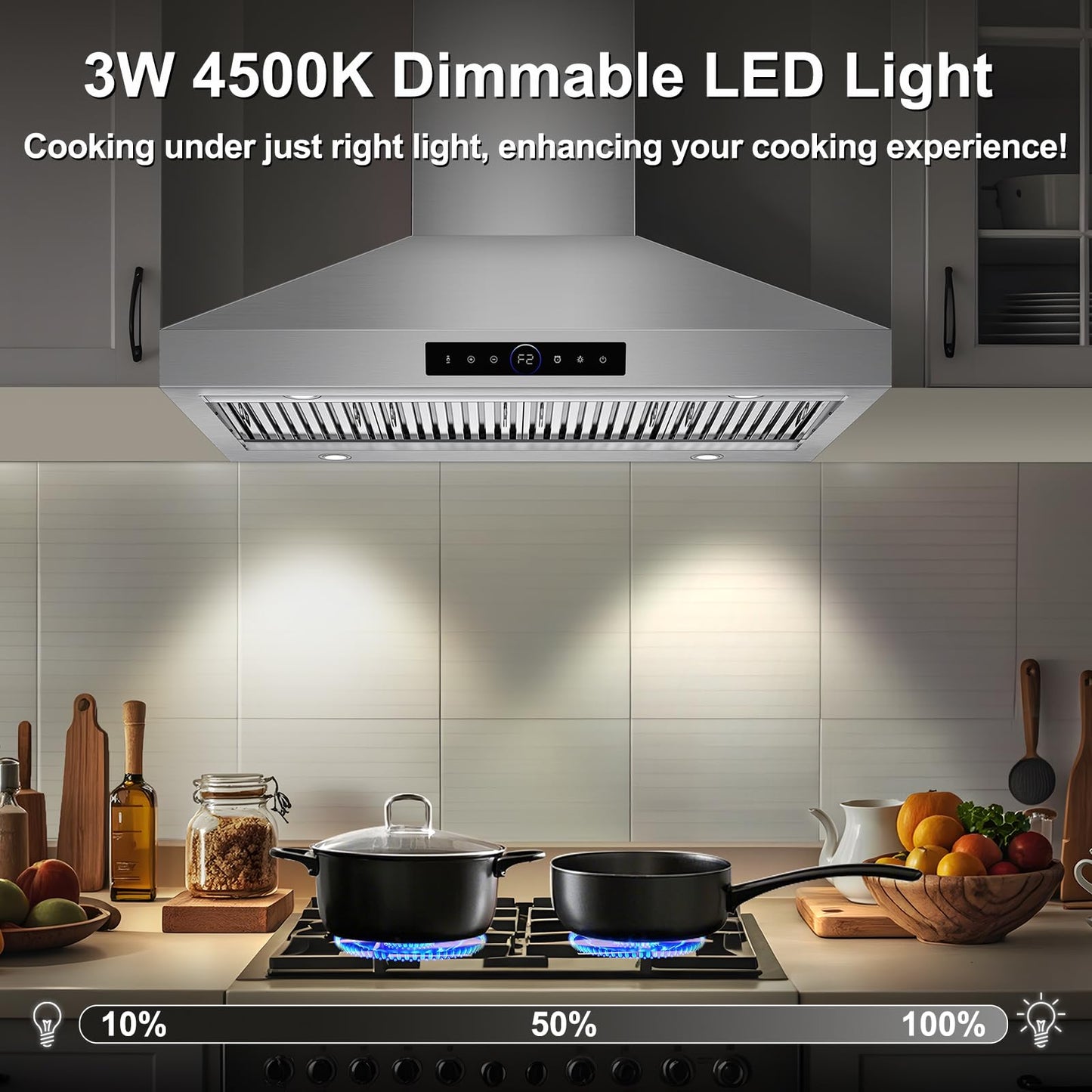 48 inch Range Hood Wall Mount, 1500 CFM with 4-Speed Gesture Sensing & Touch Control, Stainless Steel Ducted Kitchen Stove Vent Hoods with 4 LED Lights, Time Setting, Dishwasher-Safe Baffle Filters