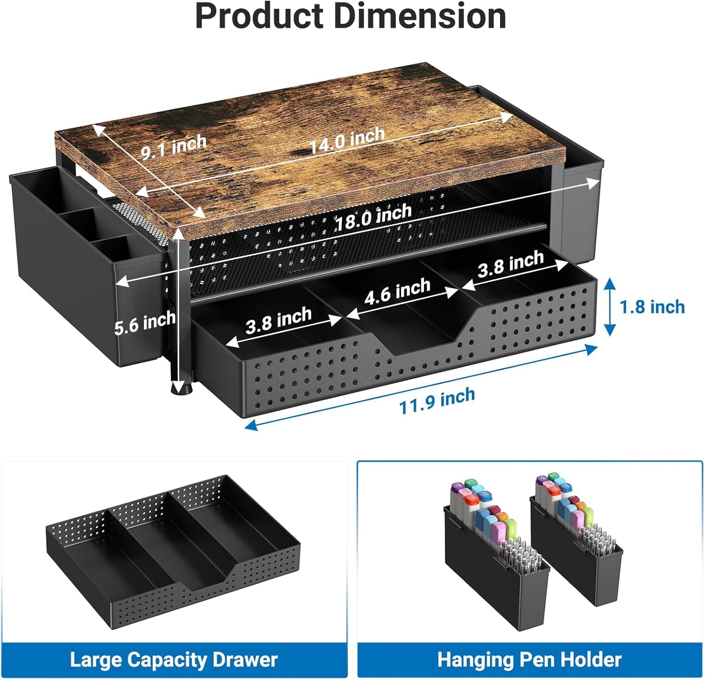 Wood Metal Monitor Stand Riser, Laptop Stand for Desk, Office Desk Organizer and Accessories, Computer Desktop Shelf