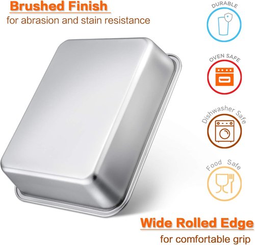 E-far Deep Lasagna Pan - Stainless Steel Roasting Dish, 12.75 x 10 x 3.2 Inches, Non-Toxic & Dishwasher Safe
