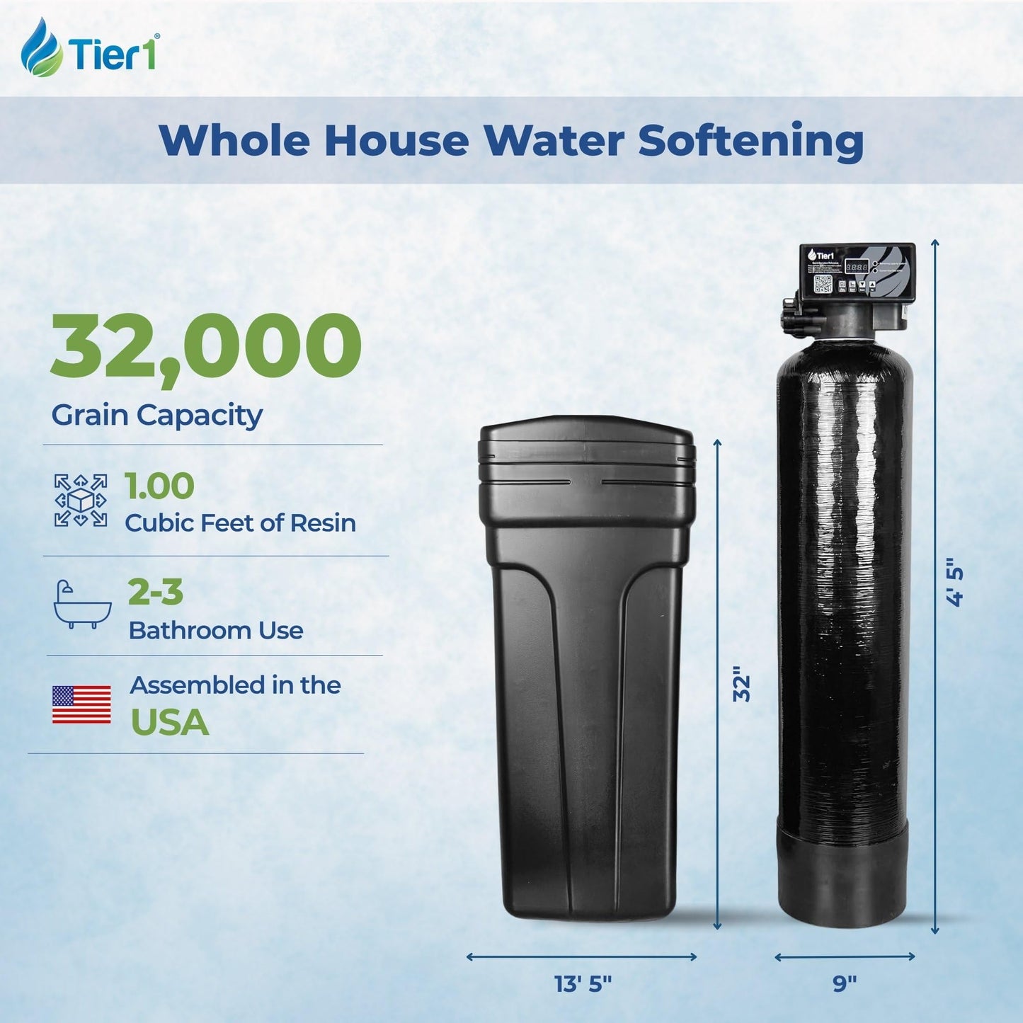 Tier1 Whole House Water Softener System 48,000 Grain Capacity | High Efficiency Design with Ceramic Control Valve | Preloaded 1.5 Cubic Foot Resin Mineral Tank | Home Filtration System