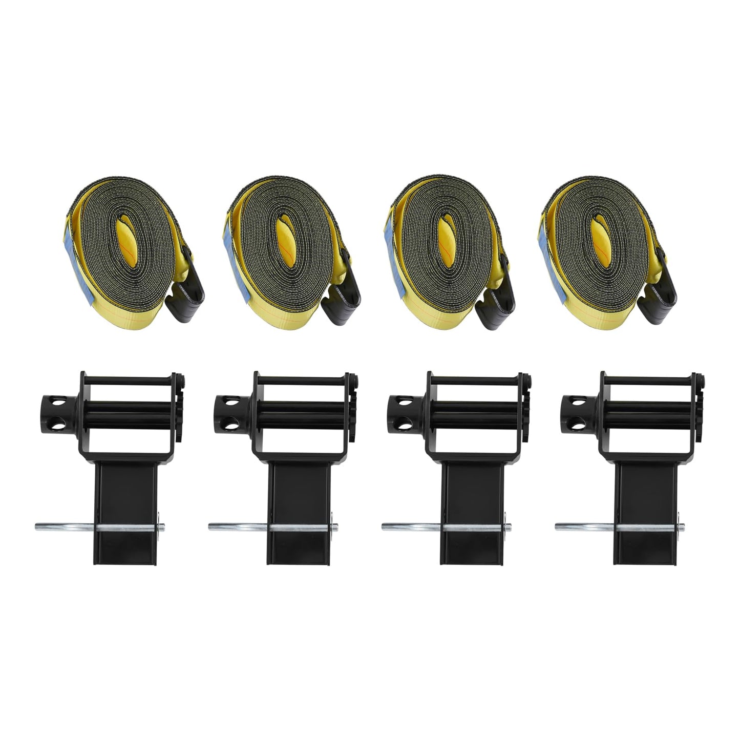 4 Pack Trailer Stake Pocket Winch & Winch Straps Kit, 4" x 30' Yellow Winch Strap with Flat Hook, Working Load Limit 5,400 LBS/Breaking Strength 16,200LBS for Flatbed Trailer, Black