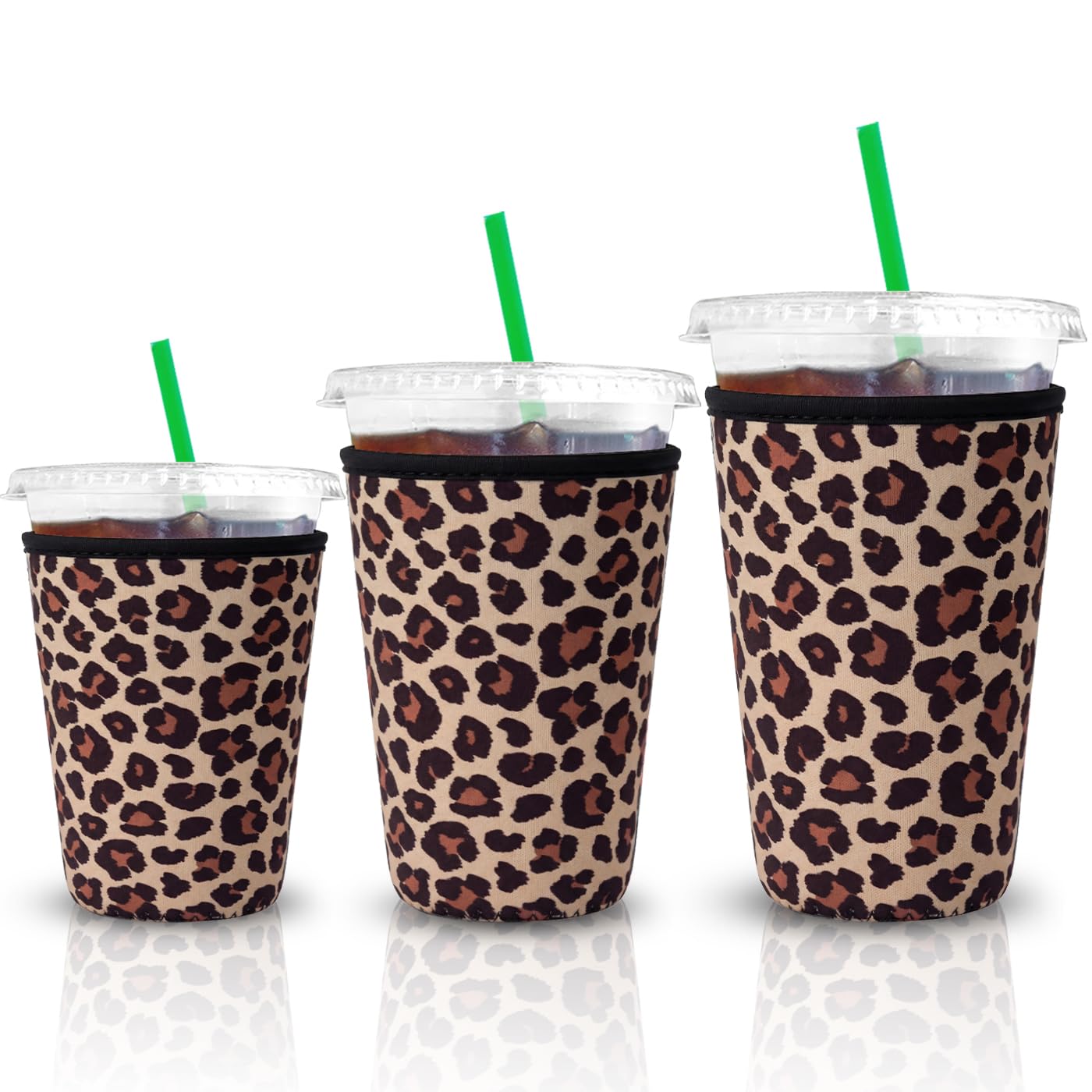 XccMe Reusable Iced Coffee Insulator Sleeve for Cold Beverages,3 Pack Neoprene Coffee Coolies sleeves for Iced & Hot Drinks,Drink Sleeve Compatible with Starbucks Coffee and More (Leopard 2)