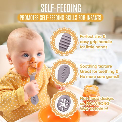 HippoBaby Silicone Baby Spoons Set - Self-Feeding Utensils for 6-12 Months - BPA Free, Dishwasher Safe | Light Pink & Army Green