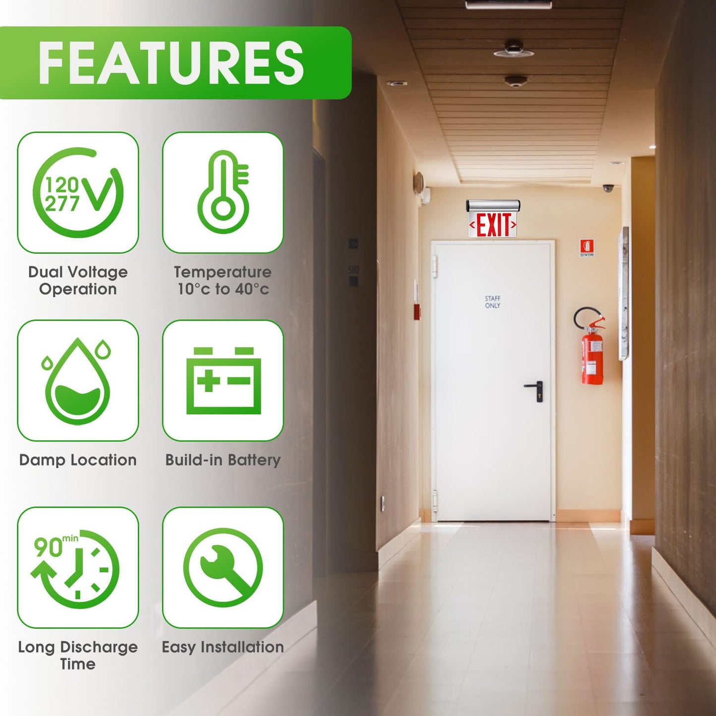 Garrini LED Emergency Exit Sign with Backup Battery UL Certified Wall Ceiling Mounting Acrylic Clear Replaceable Panel Removable Indicator Arrows, Fire Resistant GSEL-200SR