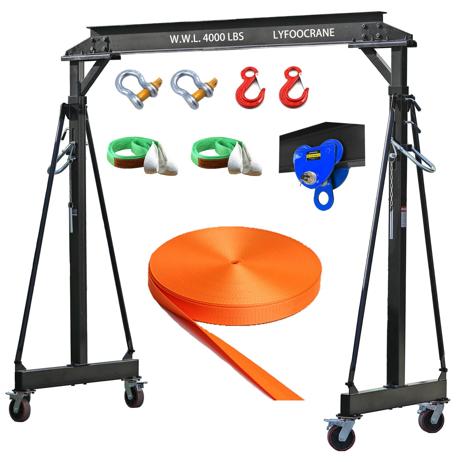 2T (6600 lbs Static Loading Test) Gantry Crane, Height Adjustable 7.78~11.04 ft, Garage Crane 2T with Manual Trolley, 328 ft Webbing Straps, Shackles & Slings