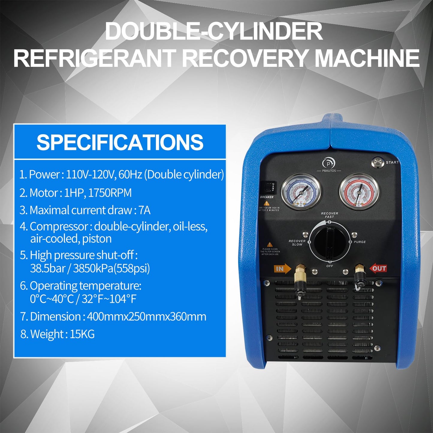 P PBAUTOS 1HP R1234YF R32 Refrigerant Recovery Machine, Oil-Less Dual Cylinder Portable Freon Recycling Unit 110V-120V for Automotive AC & Household HVAC Systems