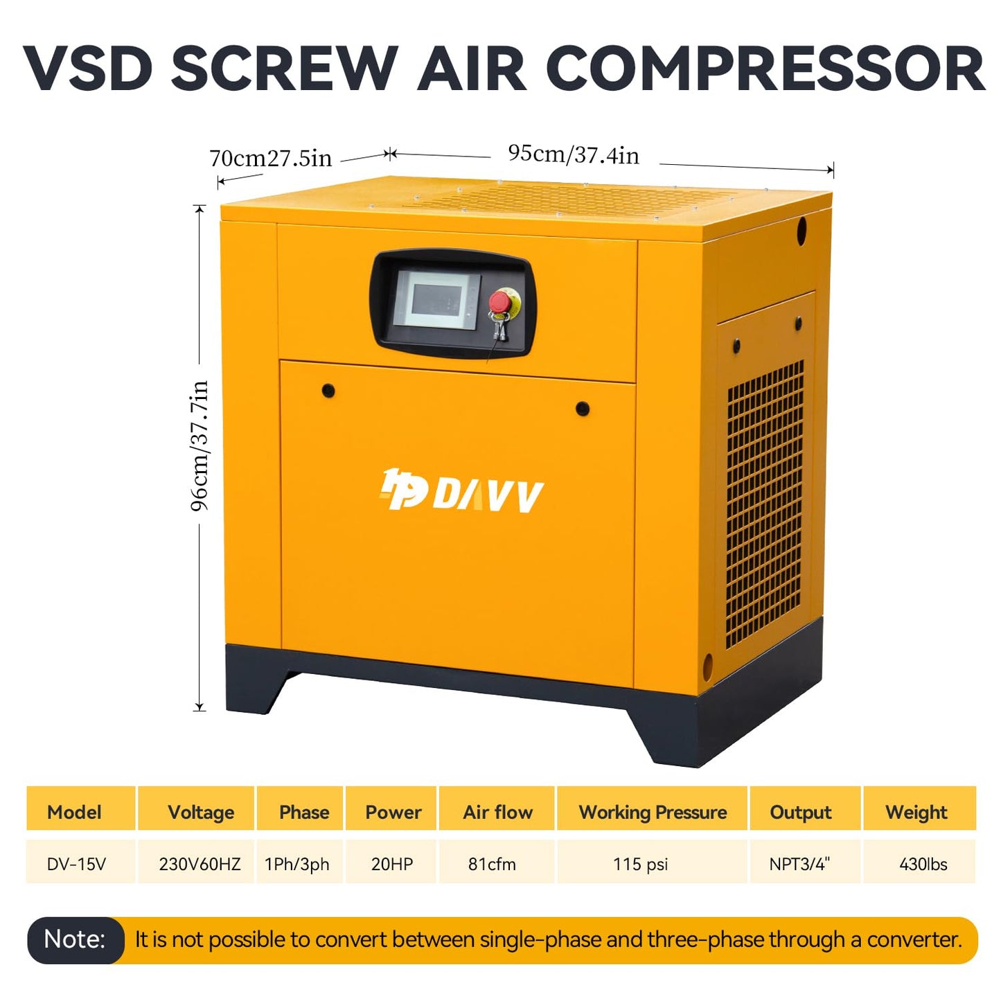DAVV Rotary Screw Air Compressor, Variable Frequency Motor, 208-230V, 20HP/15KW Single/Three-phase Compatible, 81CFM/115PSI, Base Mounted Industrial Air Compressor System